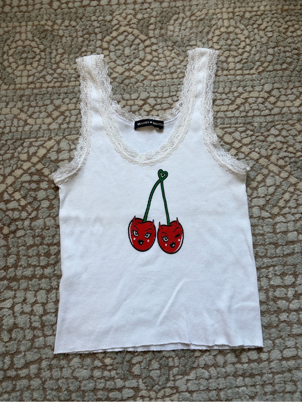 Brandy Melville White Ribbed Lace-Trim Tank with Cherry Accent